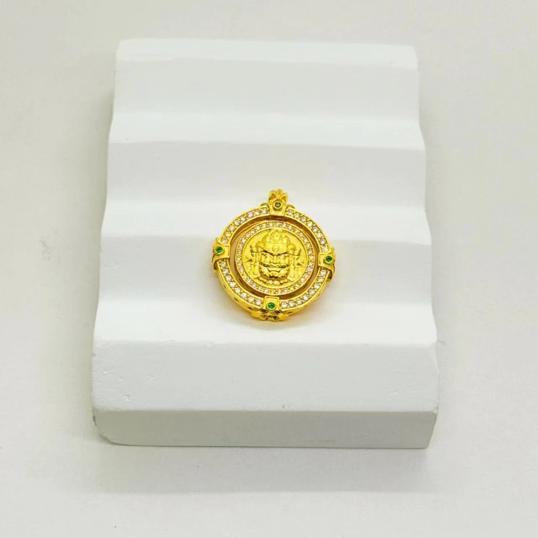 足金999  莫桑黄财神  旋转绿宝吊坠