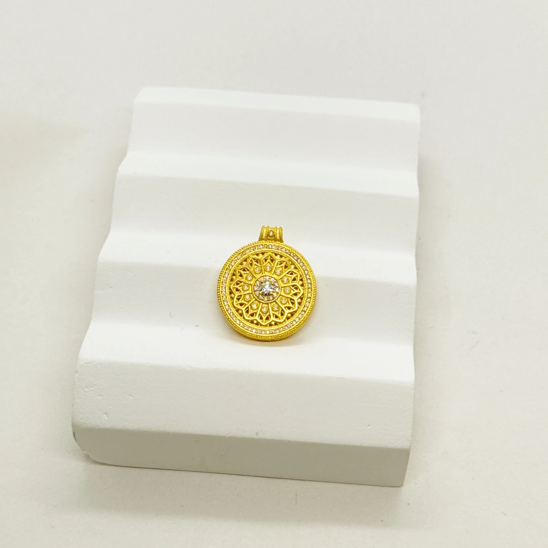 【金枝原】足金999 莫桑玫瑰花窗圆盘吊坠