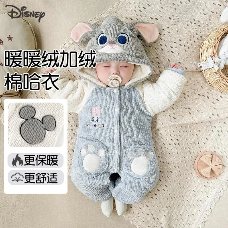 迪士尼连体衣加绒保暖冬装幼儿毛绒绒连帽爬爬服满月宝宝衣服婴儿
