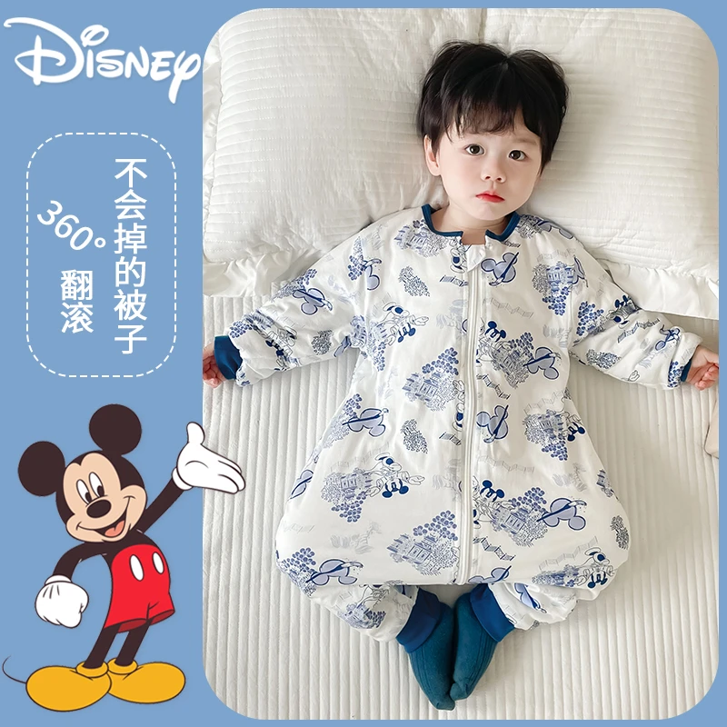 迪士尼纯棉睡袋婴儿秋冬儿童宝宝防踢被国风米奇幼儿新生儿分腿款