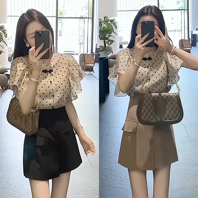 新中式中国风波点小飞袖气质衬衣韩版休闲百搭高腰显瘦气质短裤裙