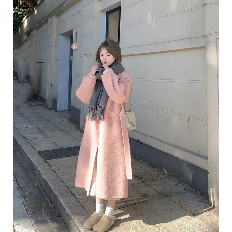 FUGUI RICH【甜心派】小个子双面尼外套女粉色毛呢大衣 26234MN3028