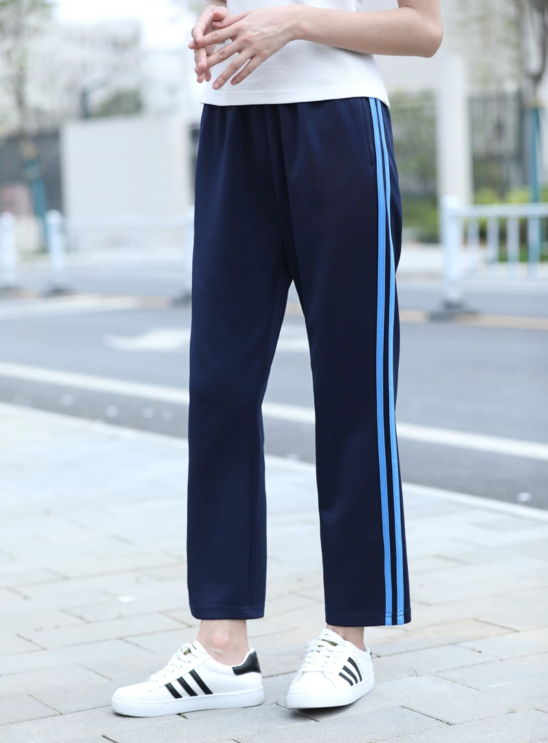 运动休闲裤男女学生宽松直筒裤子春秋高初中小学生双蓝条杠弹力裤