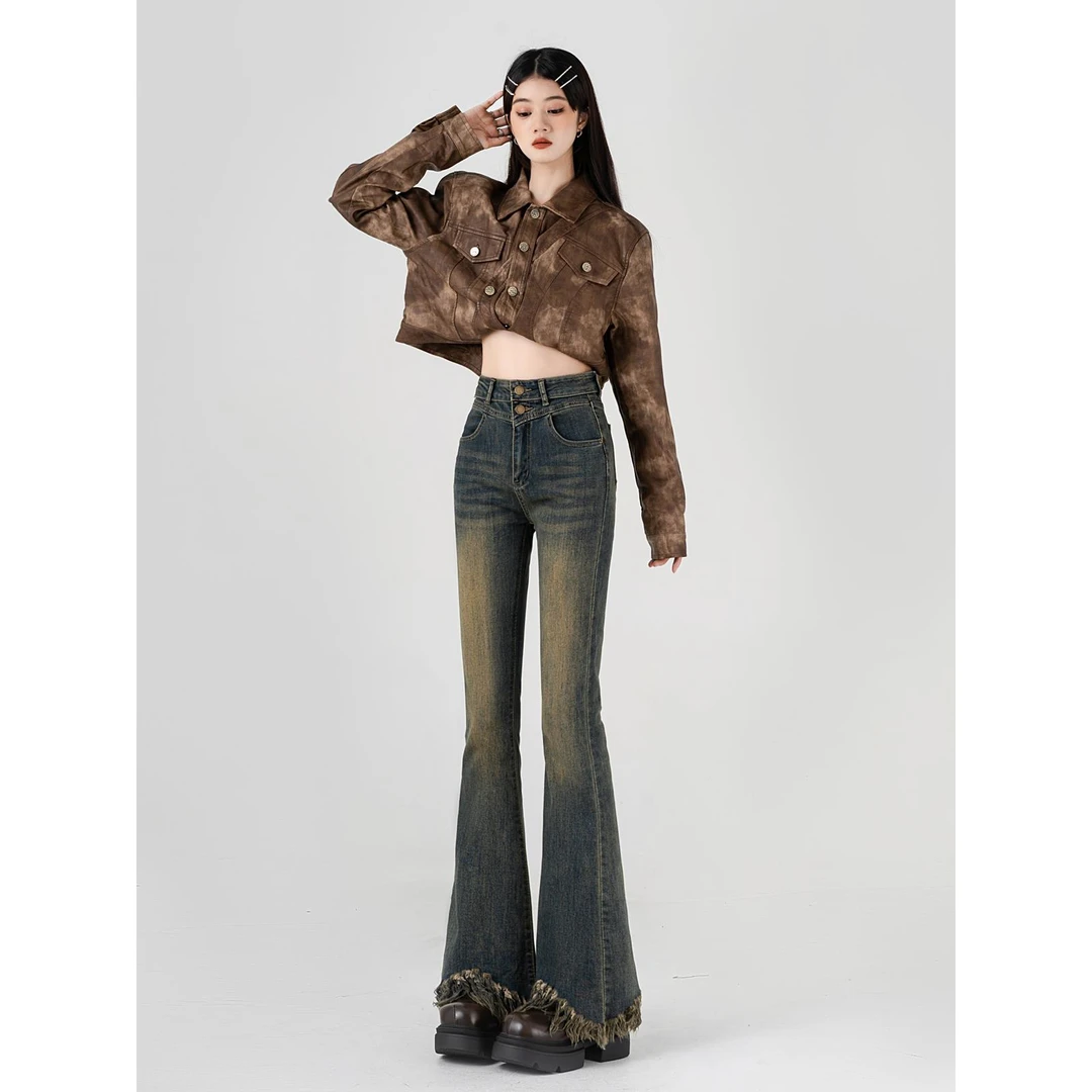 复古高腰微喇牛仔裤女2025秋冬新款加绒小个子弹力显瘦流苏喇叭裤