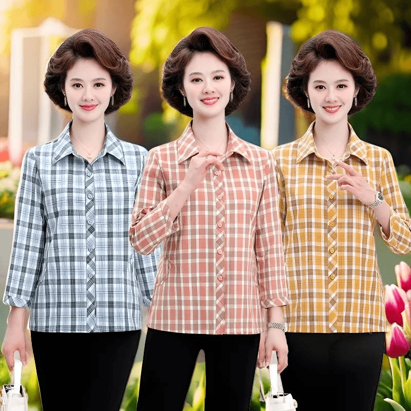 中年老太太新品大码翻领春夏开衫长袖衬衣中老年女装纯棉衬衫妈妈