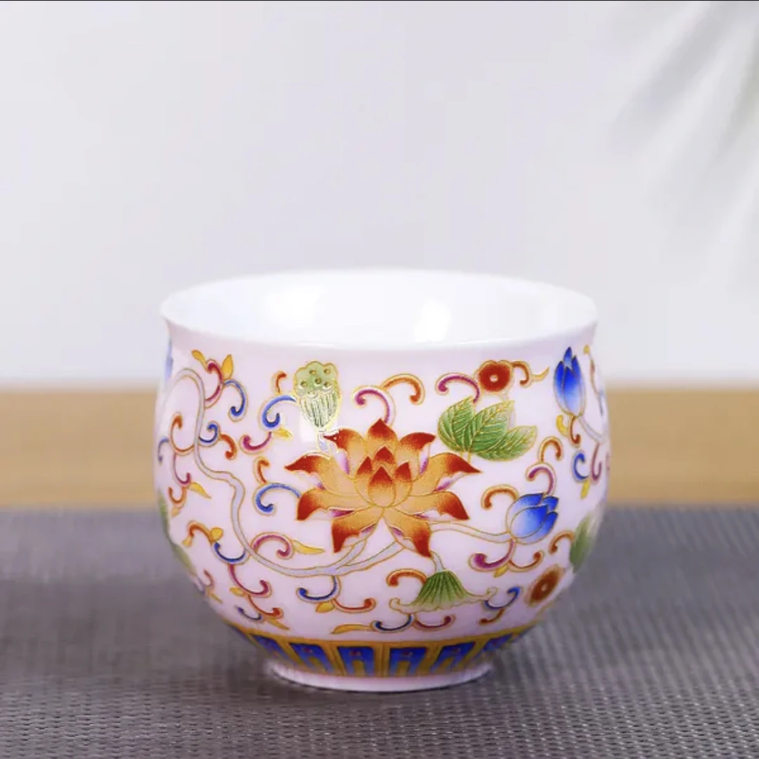 新中式家用德化白瓷功夫茶具粉色掐丝珐琅彩高档茶杯品茗杯C498