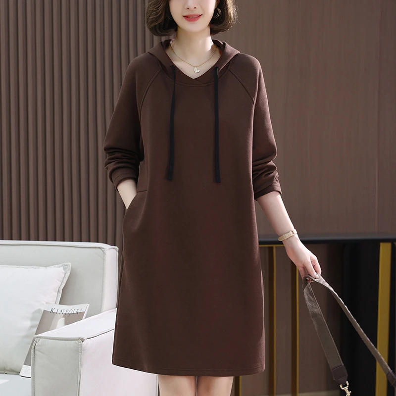 658洋气连帽卫衣连衣裙女士中长款春秋新款妈妈加绒宽松大码裙子