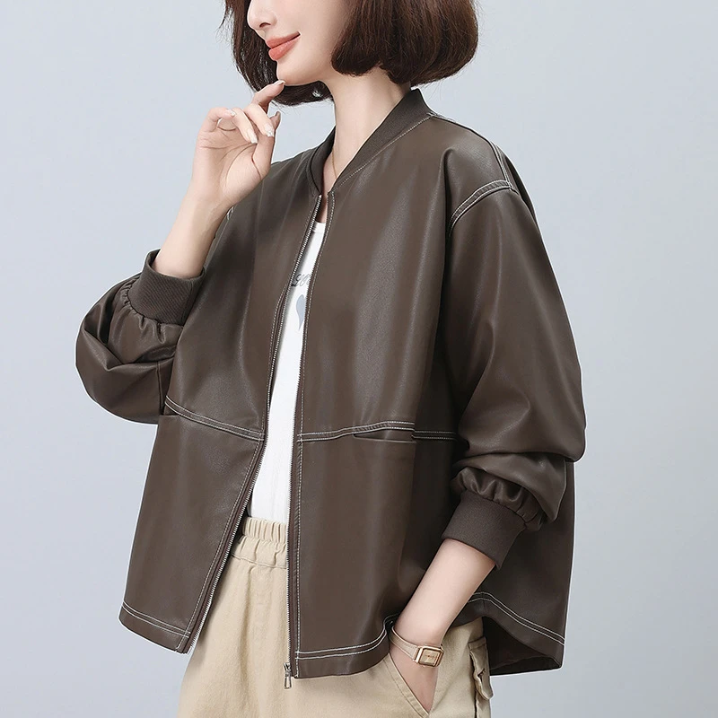 1608皮衣外套女2024新款春秋韩版宽松休闲棒球服中年妈妈pu皮夹克