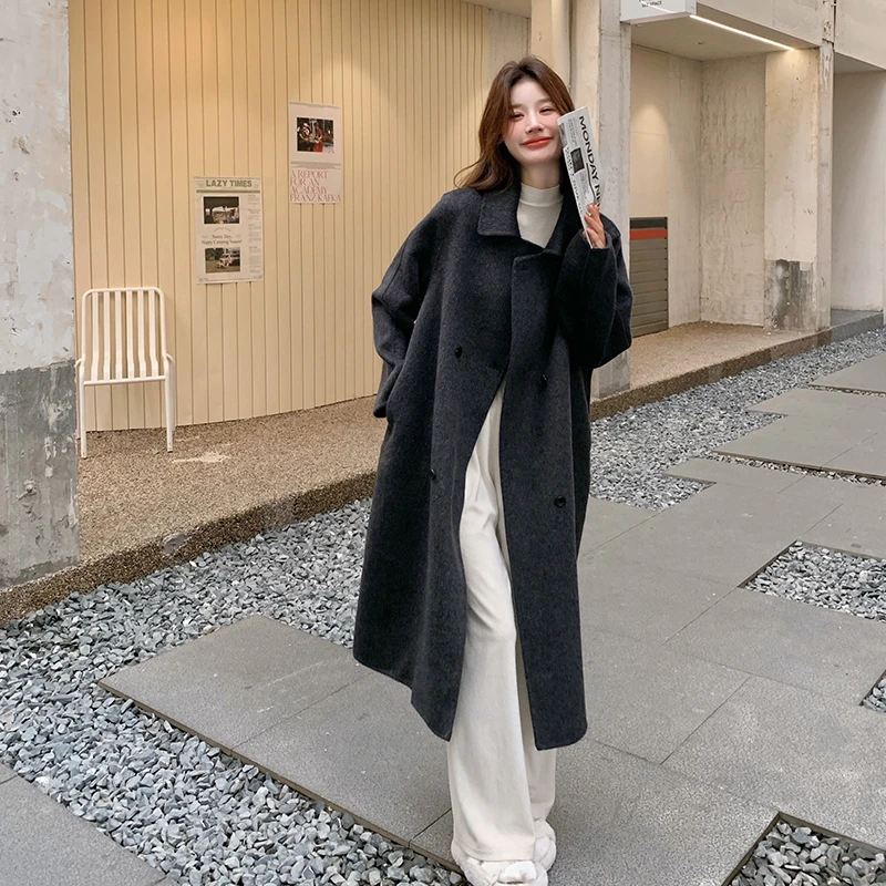 双面中长款减龄双排扣宽松百搭气质女式呢子大衣秋冬款外套黑色