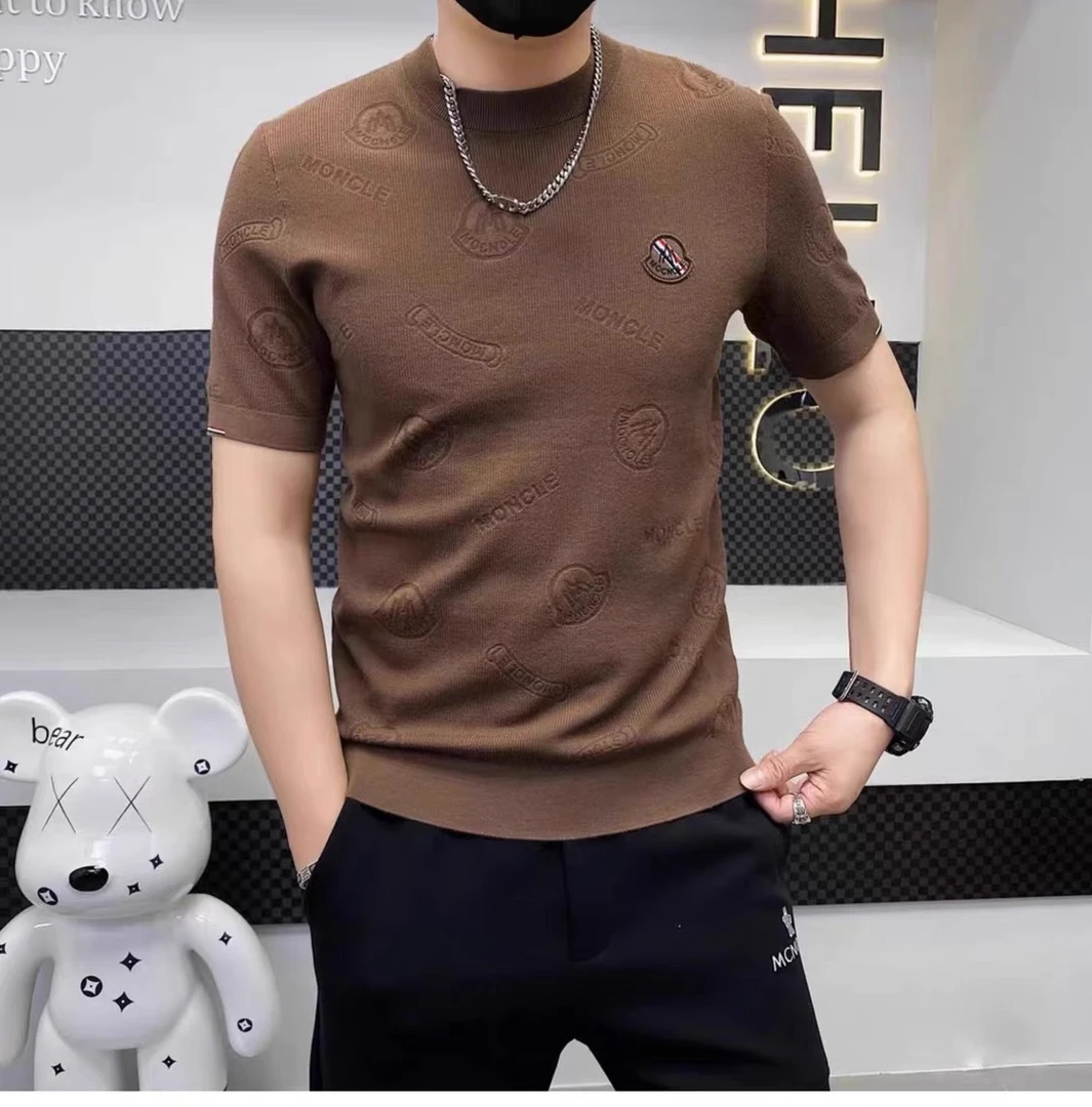 轻奢修身百搭短袖t恤2024新款男士时尚休闲高品质提花半袖针织衫