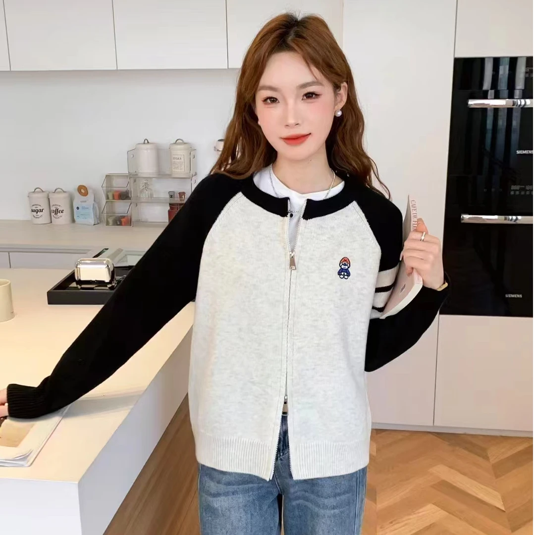 女装开衫针织衫时尚休闲宽松潮流圆领秋冬拼接撞色秋季百搭