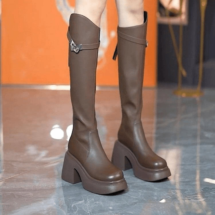 不过膝靴女厚底长靴2023秋冬新款皮带扣粗跟显瘦高跟骑士长筒靴子