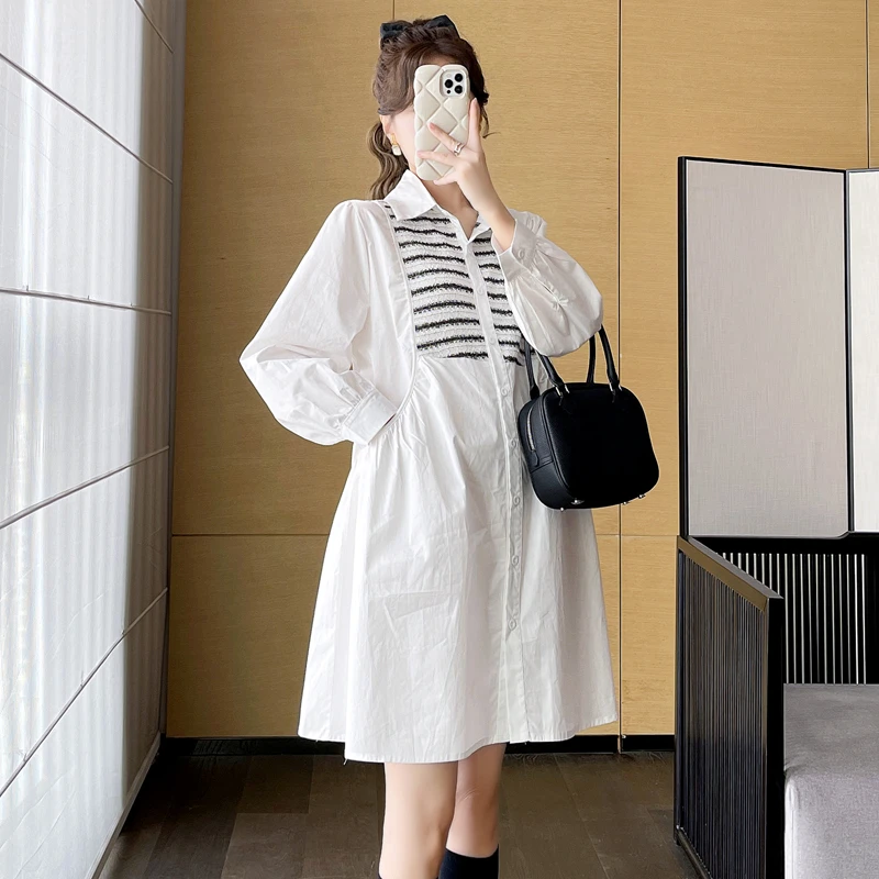 品质早秋季新款显瘦孕妇装中长款拼接衬衫连衣裙韩版潮妈气质洋气