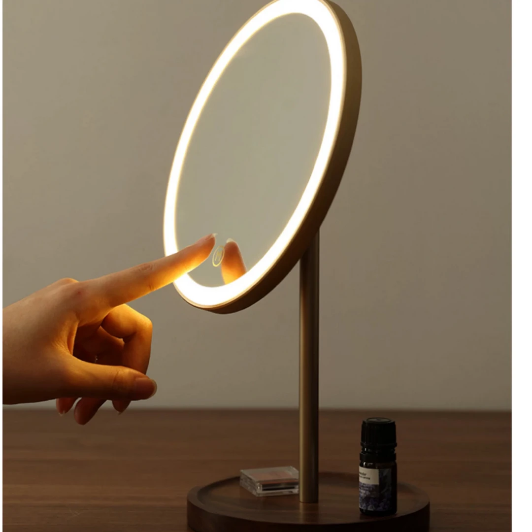 【天百芙】北美黑胡桃实木化妆镜创意三级调光旋转梳妆镜主卧室