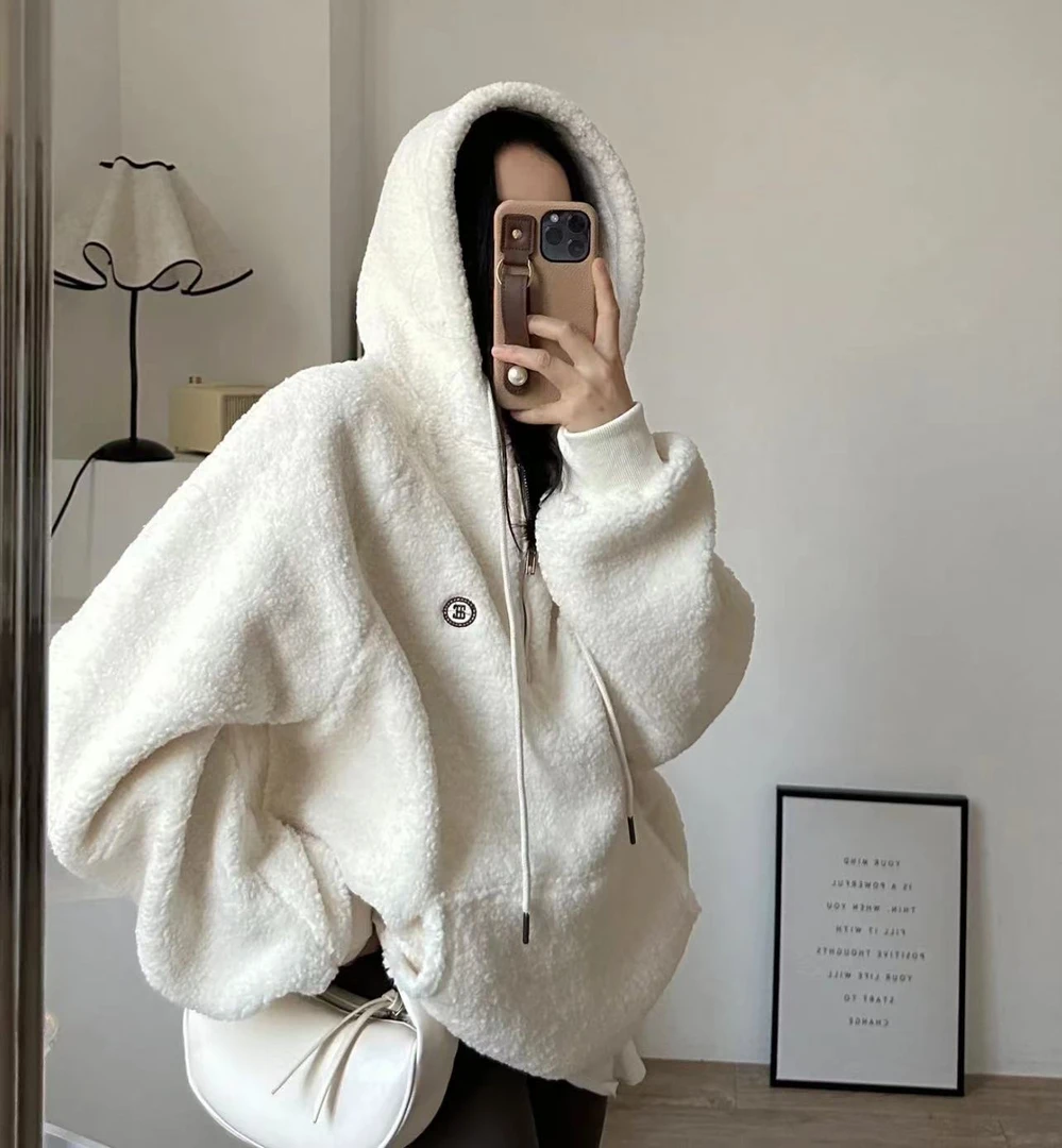 （豆乳盒子）慵懒白色卫衣女冬季韩系设计感长款加厚连帽外套#C244