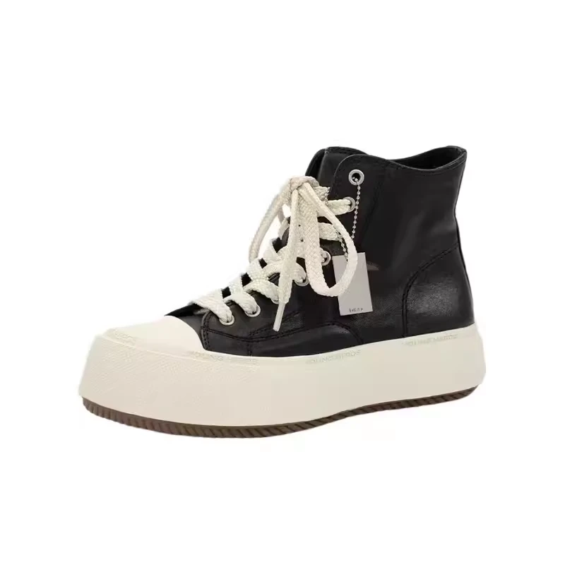 欧洲站女鞋2024秋季新款圆头系带松糕厚底增高红色高帮鞋休闲女鞋