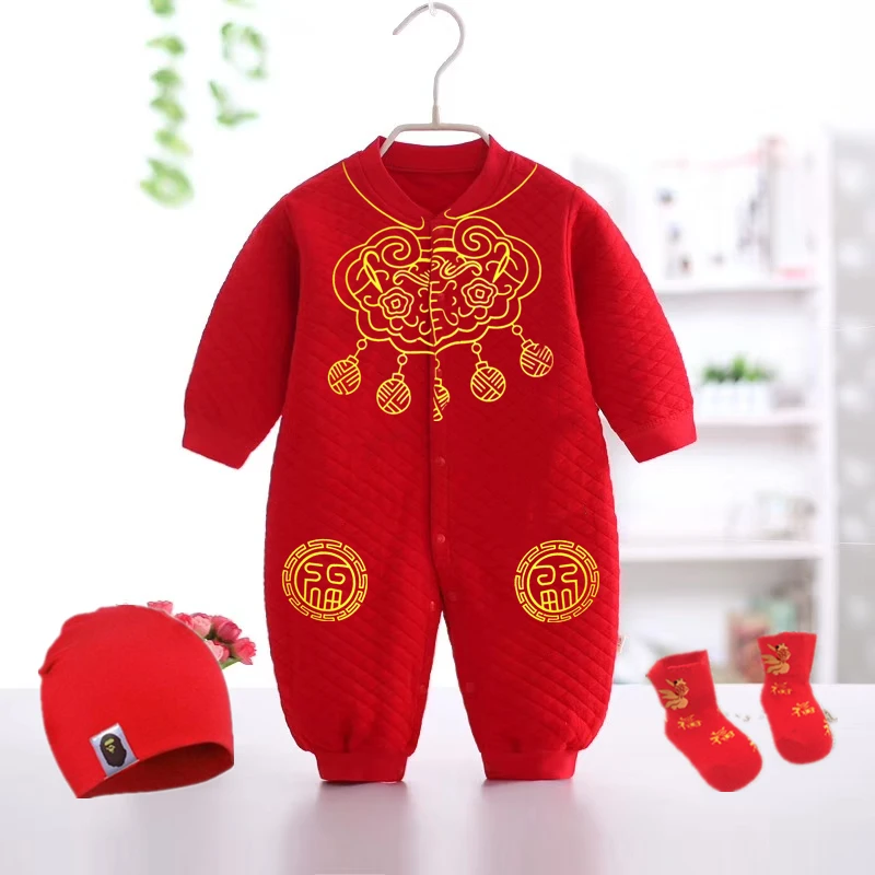 婴儿红色满月服秋冬保暖连体衣宝宝百天喜庆衣服混棉初生儿新年服