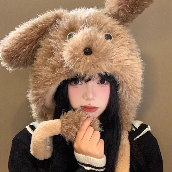可爱小狗毛绒帽女秋冬季卡通会动耳朵护耳帽加厚保暖防寒雷锋帽子