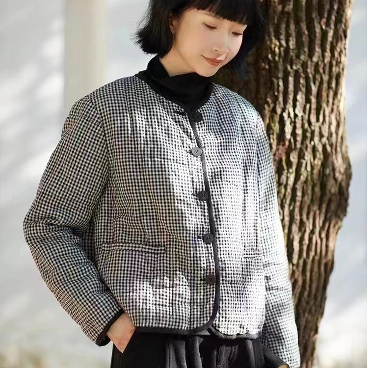 浣茜纱2024冬文艺复古14支亚麻黑白格夹棉外套百搭宽松保暖棉衣女