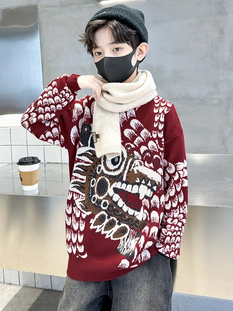 男童红色龙年毛衣秋冬款2024新款儿童冬季男孩加绒加厚新年本命年