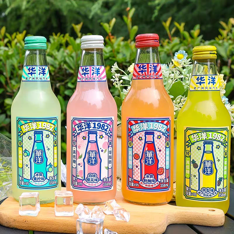 华洋1982汽水果味果汁碳酸饮料真低糖0脂肪358ml玻璃瓶箱装网红装