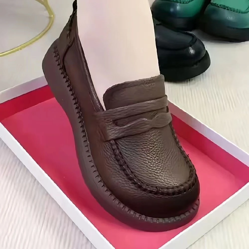 真皮单鞋女2025春季新款复古乐福鞋厚底防滑一脚蹬软底百搭小皮鞋