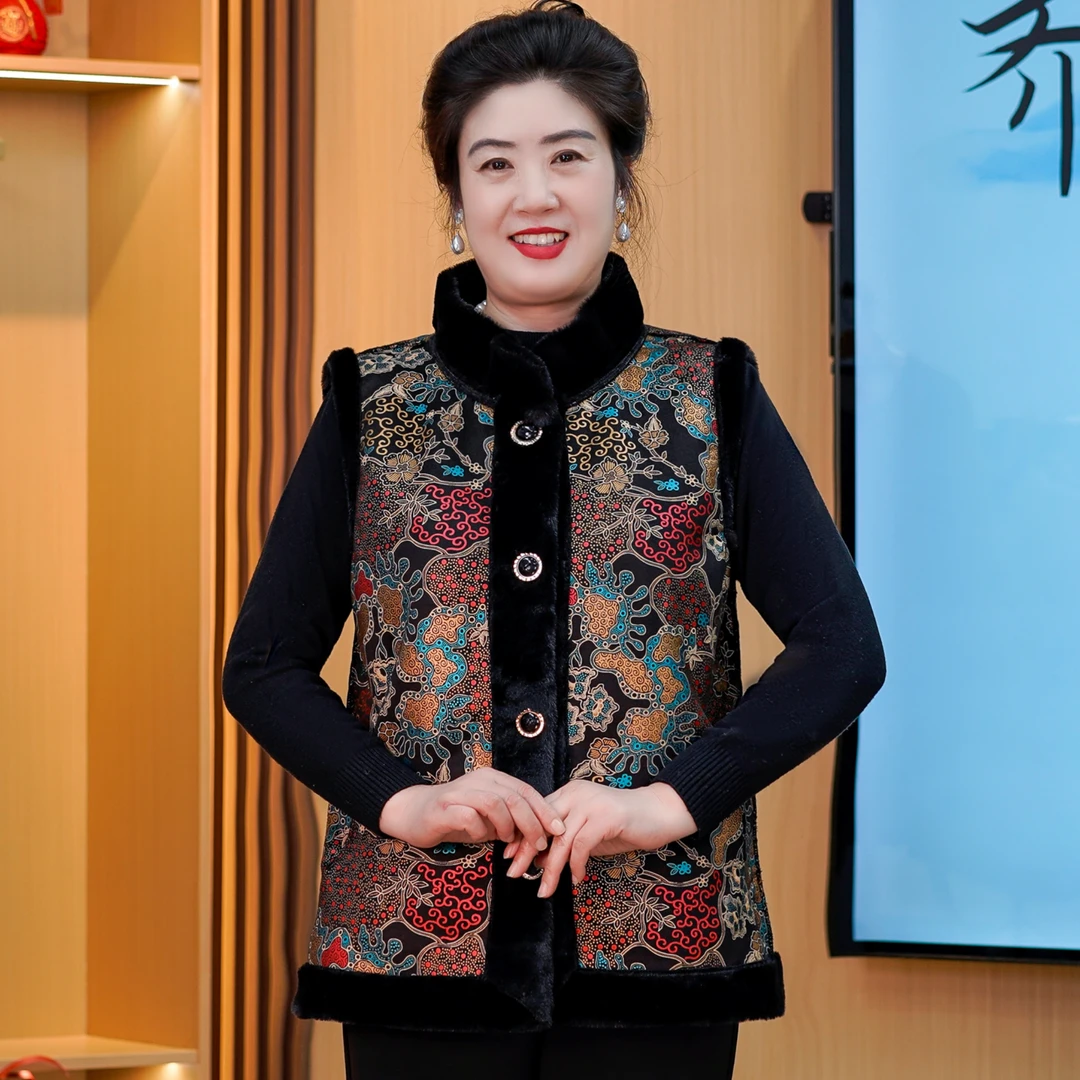 马甲妈妈装中老年女装复古加绒马夹民族风秋冬季坎肩外套奶奶装