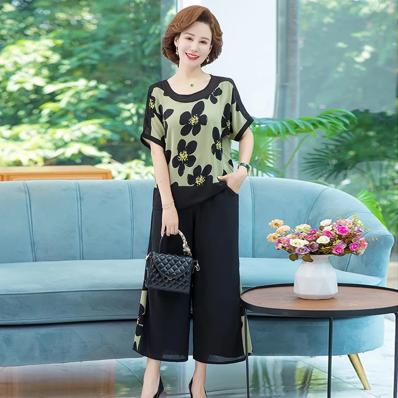 妈妈装2023新款夏季休闲套装中年女装洋气宽松大码气质套装两件套