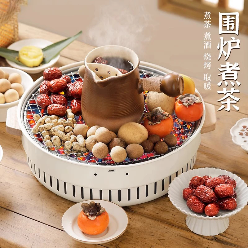 围炉煮茶家用室内外烤茶炉茶壶炭火炉烧烤炉铸铁茶壶户外
