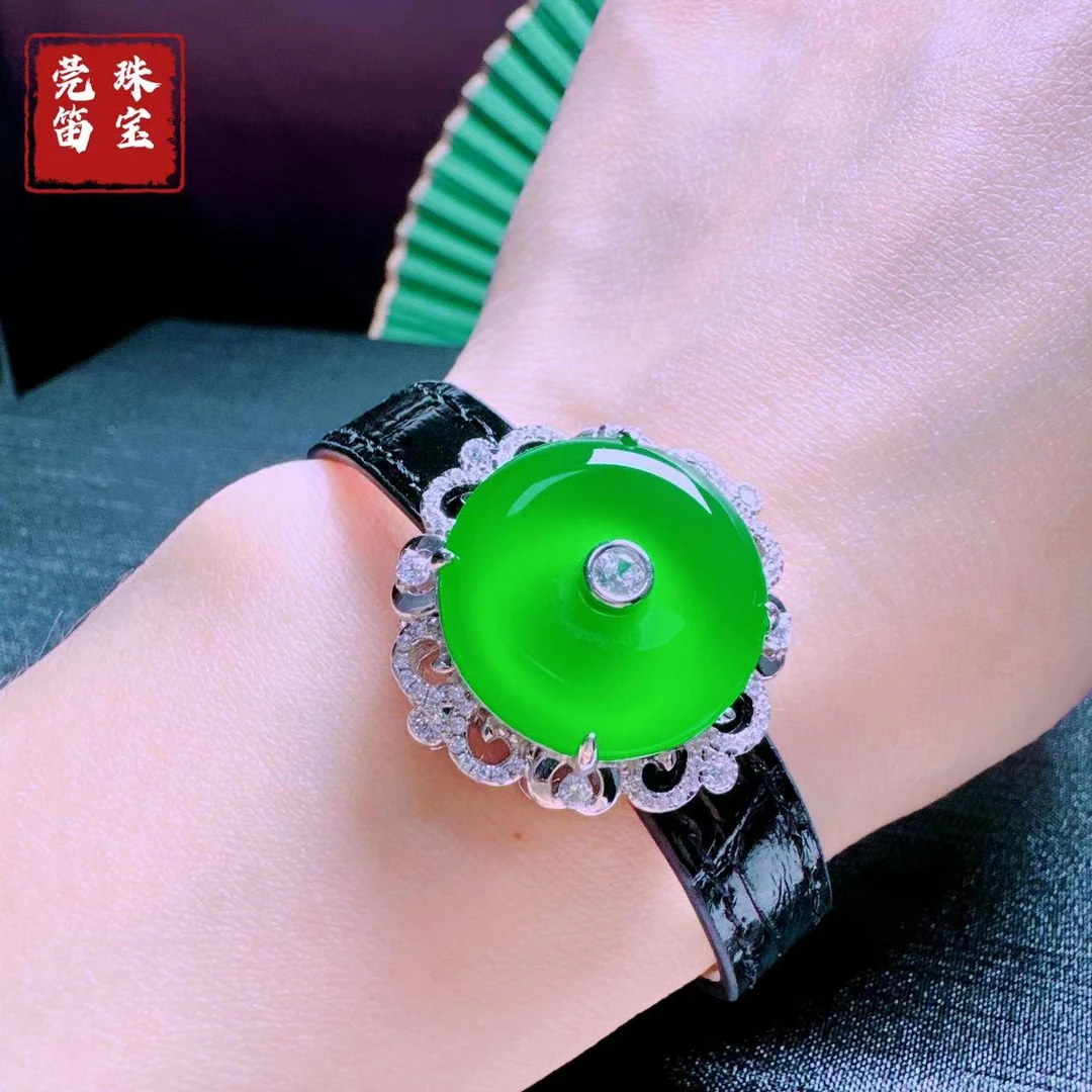 荣一珠宝 天然绿玉髓高品质平安扣腕带S925银镀金镶嵌