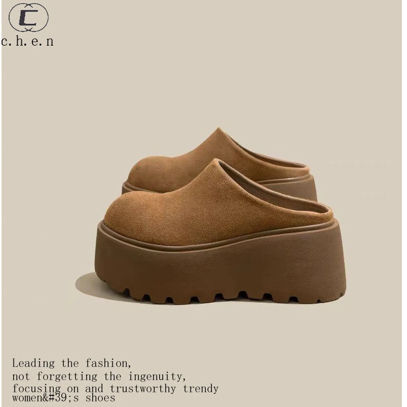 磨砂牛反绒松糕厚底包头半拖鞋女外穿复古真皮百搭小个子增高毛拖