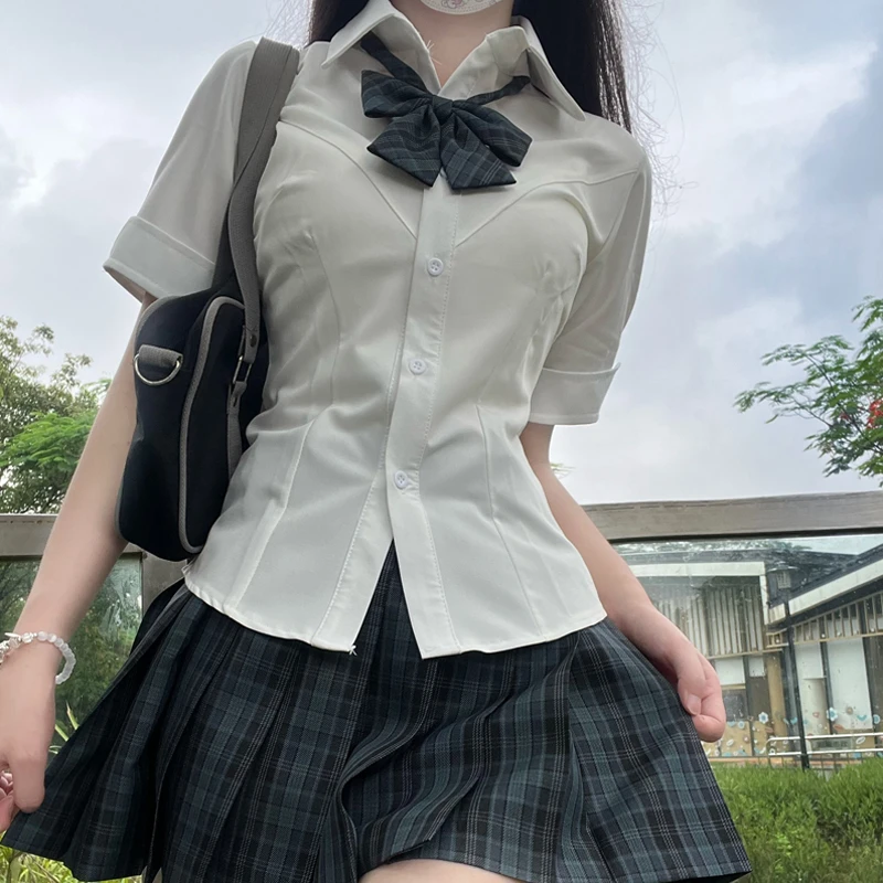 JK收腰弹力衬衫【喵太】V领短袖修身显瘦上衣纯欲辣妹少女春夏白色