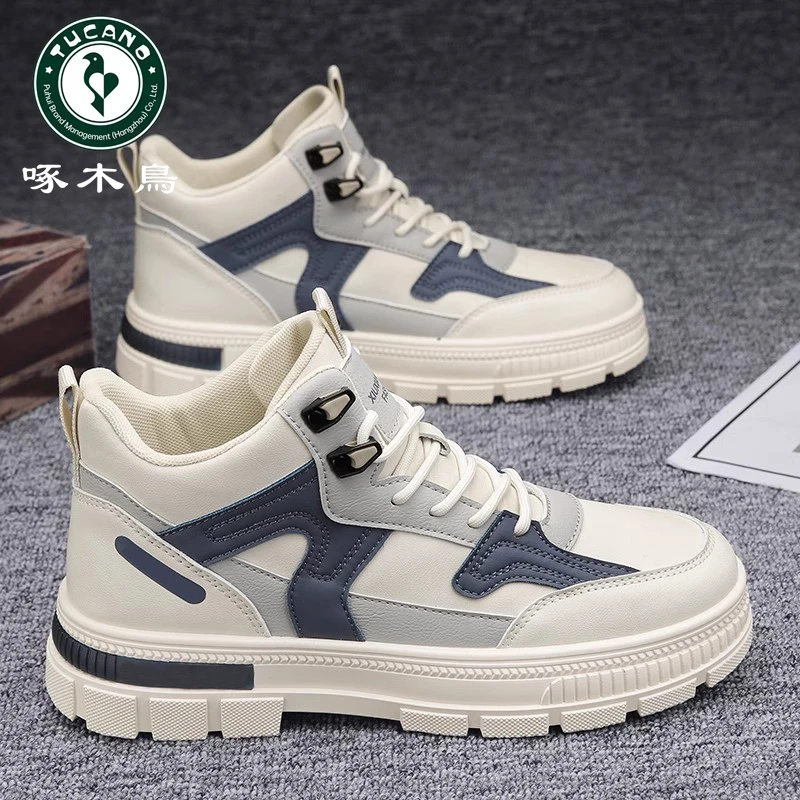【正品】啄木鸟男鞋春季新款高帮工装板鞋男士潮流百搭潮鞋马丁靴子