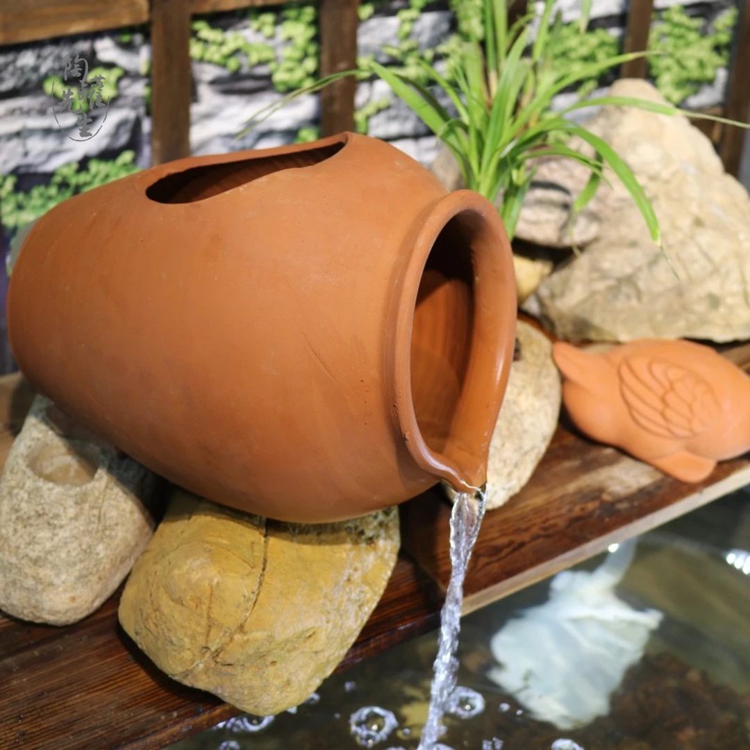 古法养鱼生态缸循环流水陶罐红陶黑陶流水罐花盆中式过滤花园造景