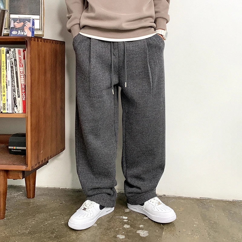 徐太浪条型呢料单褶松紧腰休闲裤男秋冬加厚大码宽松直筒弹力长裤