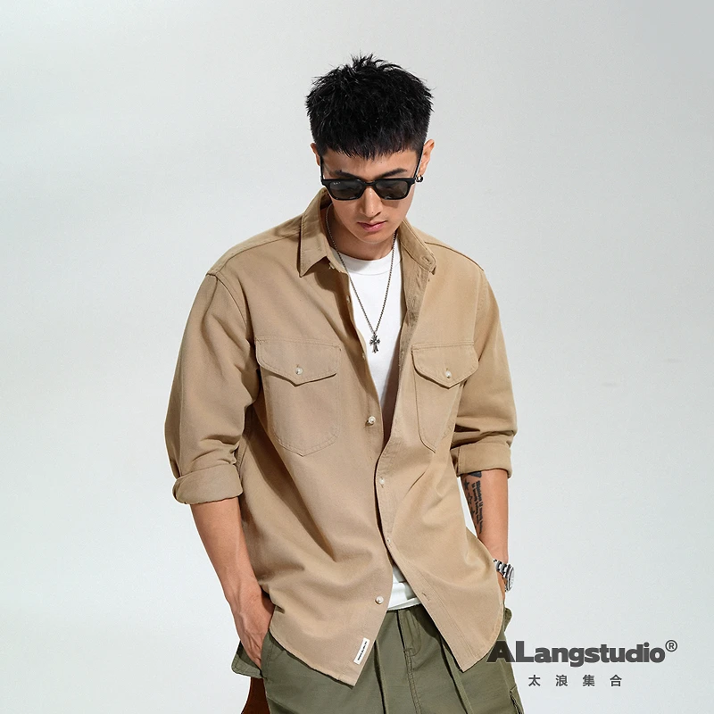 徐太浪高品质双口袋双针车线衬衫男秋季长袖衬衣美式复古寸衫外套