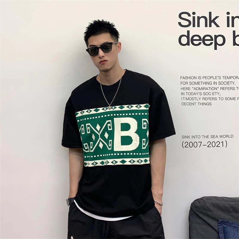 徐太浪撞色费尔岛印花短袖T恤男夏季潮牌大码男装五分袖体恤上衣
