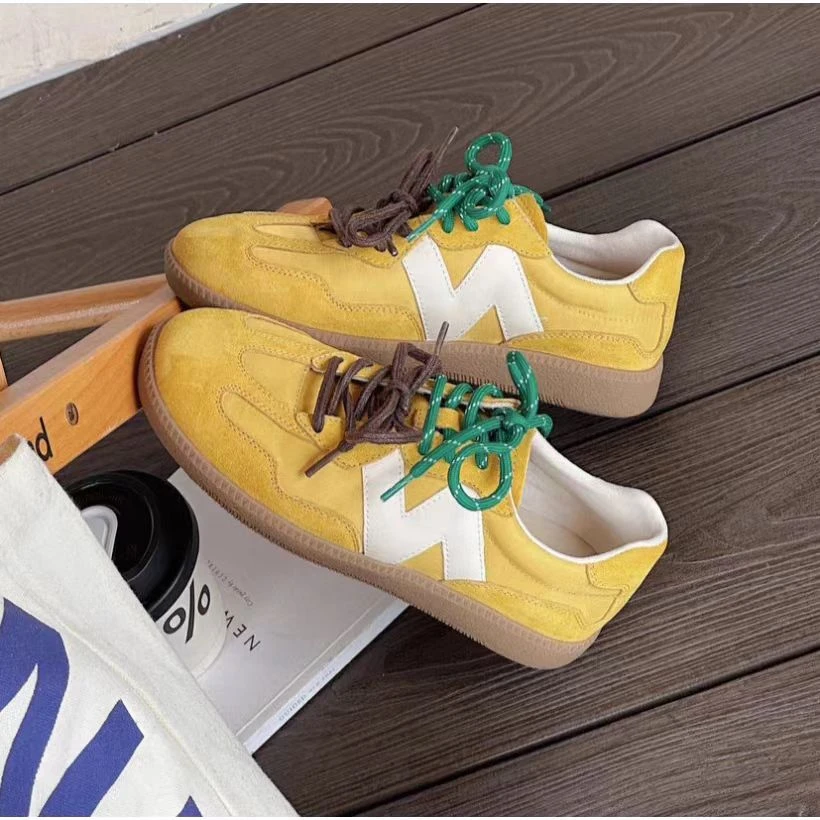 2024秋季新款双色系带N字德训鞋女韩版百搭真皮显脚小板鞋阿甘鞋