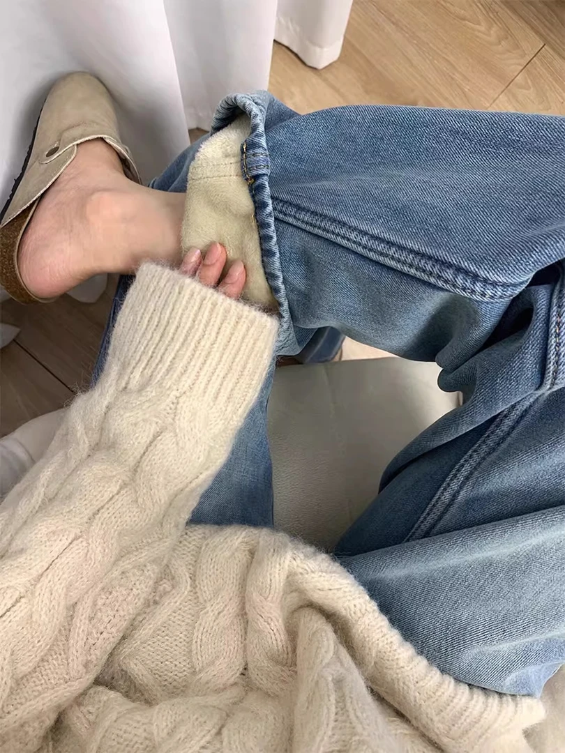 复古直筒牛仔裤女高腰显瘦新款秋冬加绒宽松窄版阔腿垂感拖地裤