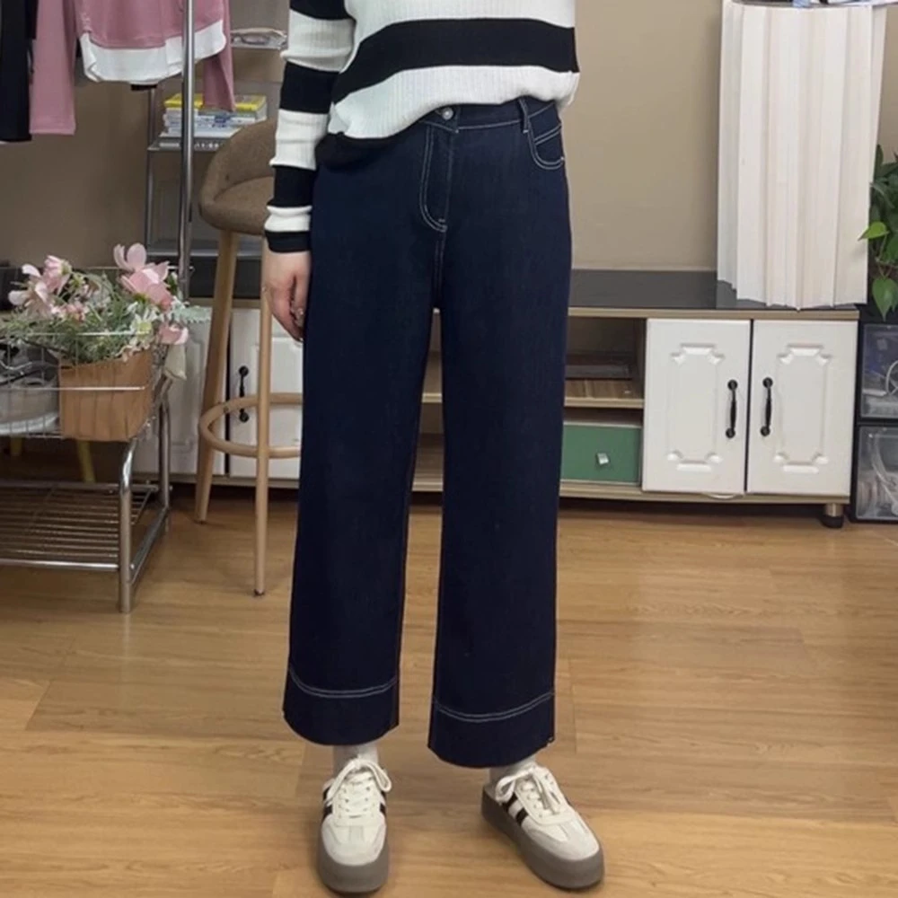 九分阔腿牛仔裤女2025年夏季新款丹宁蓝高腰宽松显瘦直筒休闲裤子