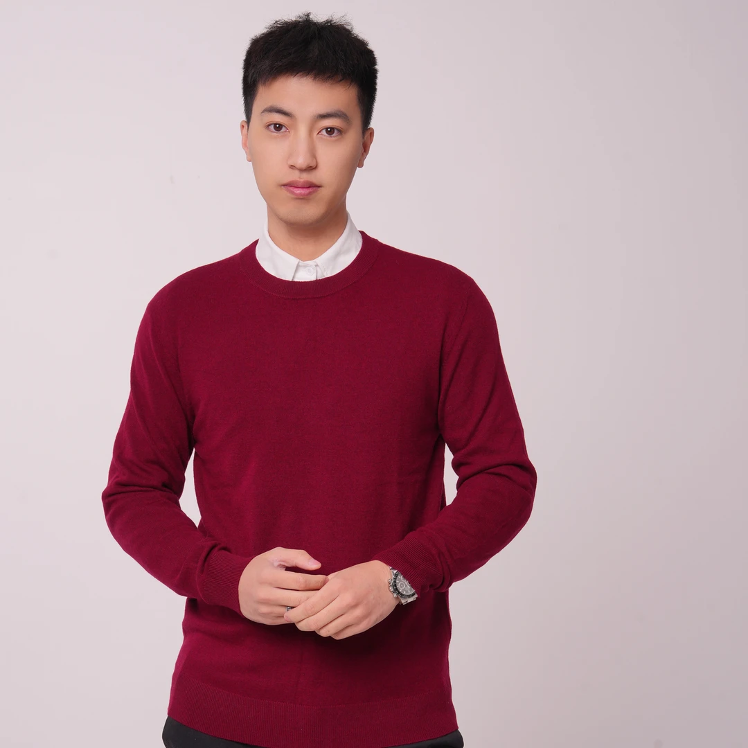 【100羊毛圆领】秋冬新款男士羊毛衫打底毛衣纯色红色长袖时尚YM102