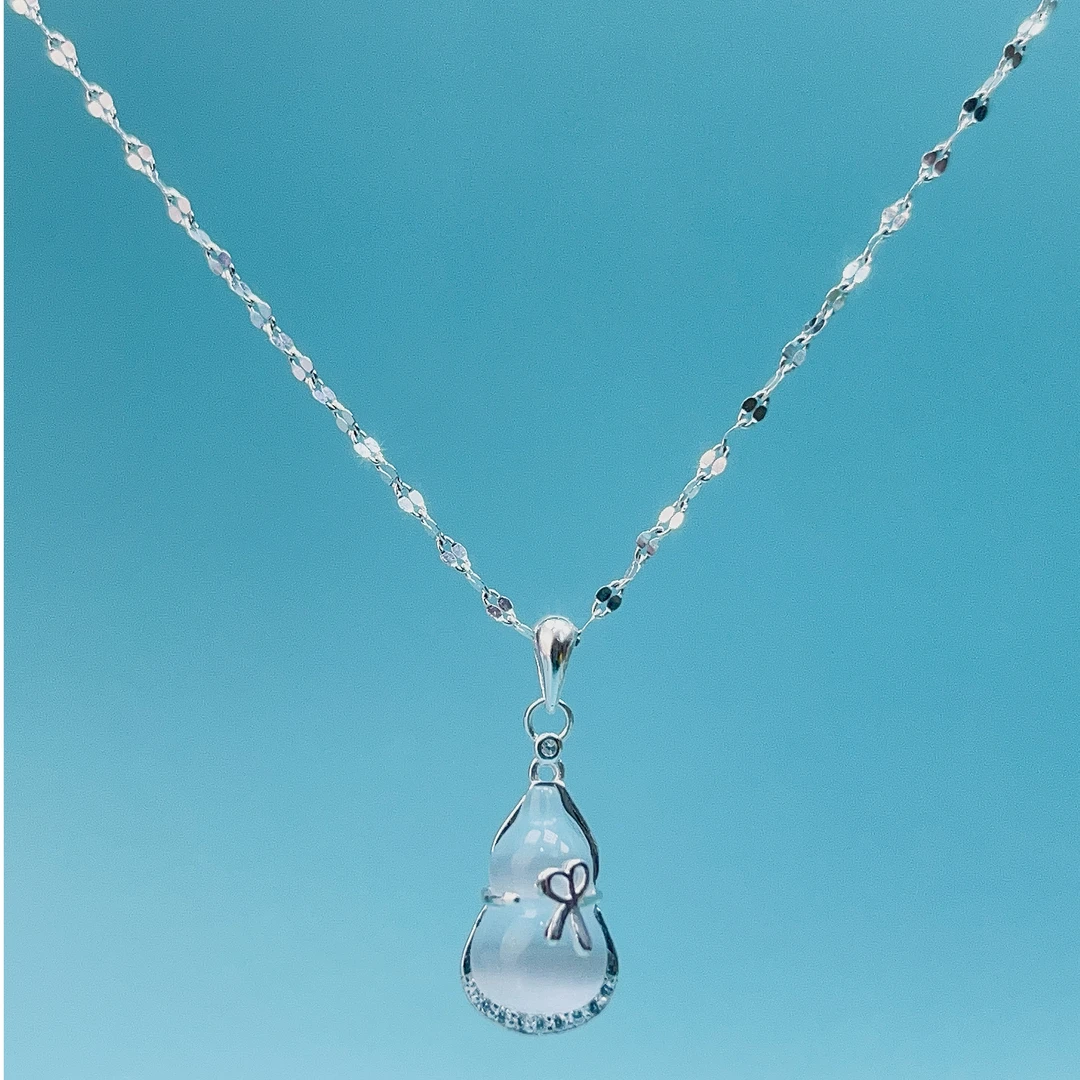 坠链均足银 纯银9999嘴唇50厘米项链+葫芦足吊坠女士锁骨链猫猫石