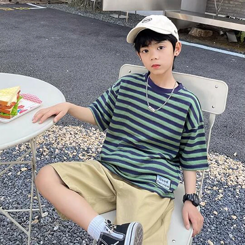 童装男童条纹短袖t恤夏款2024新款夏季儿童半袖中大童男孩夏装