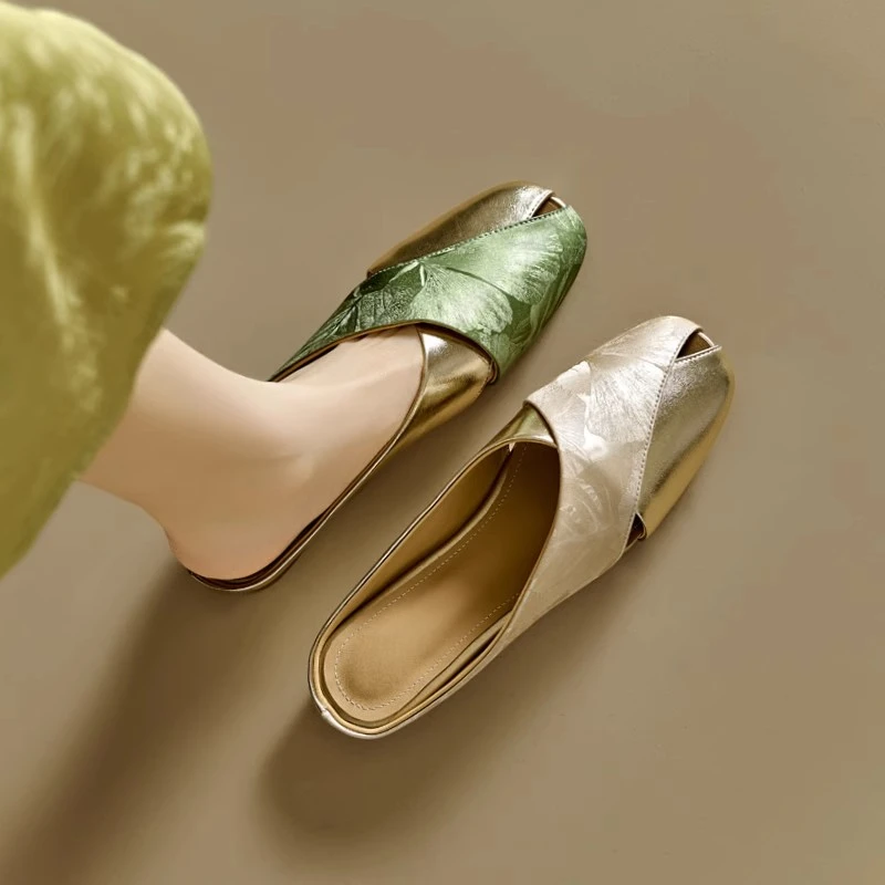 新中式国风包头半拖鞋女印花平跟高级感低跟拼色穆勒凉拖鞋配裙子