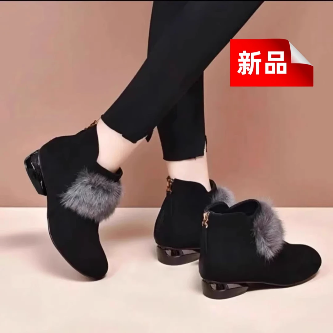 磨砂短靴女2024秋冬新款粗跟加绒真皮鞋圆头毛毛鞋平底马丁靴女冬