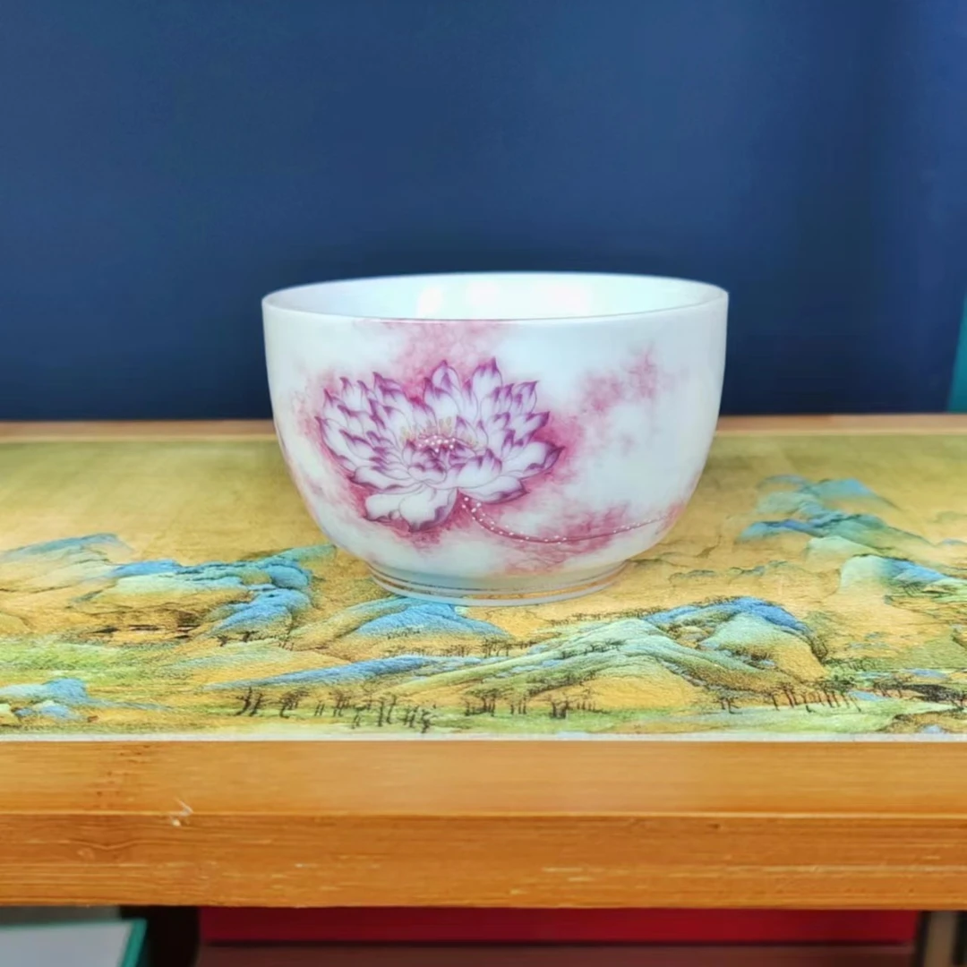 羊脂玉瓷粉莲花主人茶杯高档家用精美简约个人专用茶杯品茗杯。。