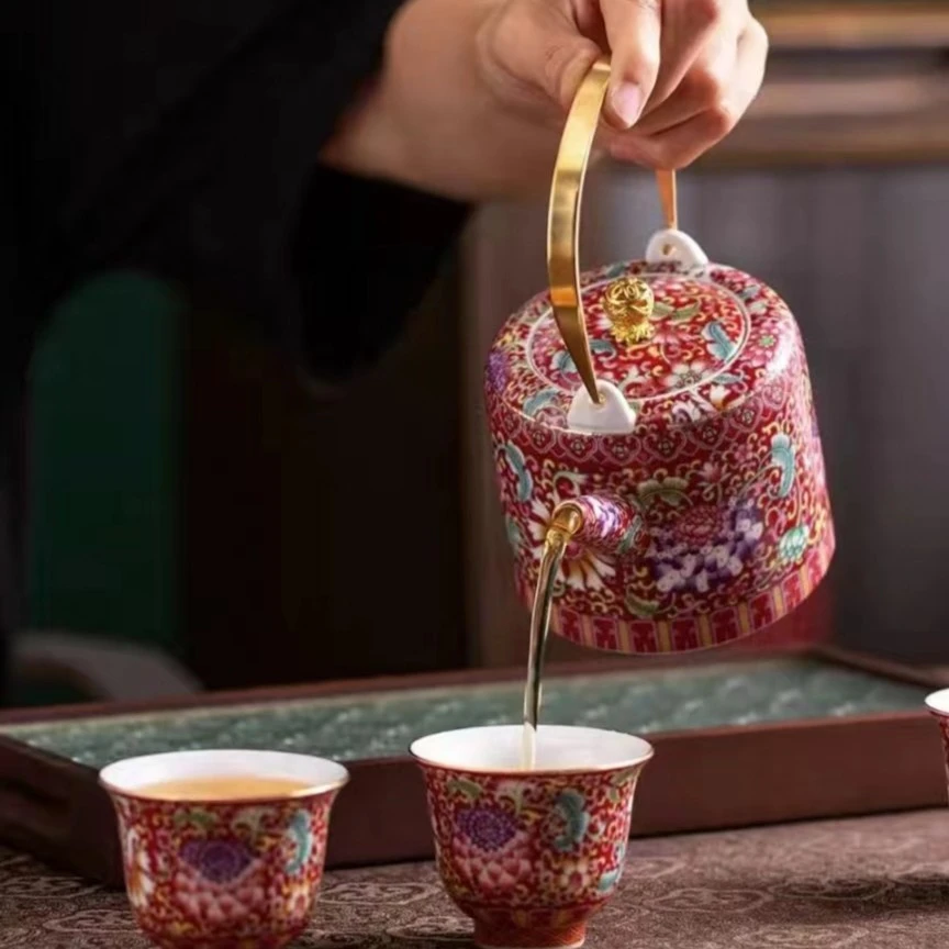 珐琅彩缠枝莲提梁壶中式高端复古羊脂玉瓷茶壶茶具茶壶泡茶专用