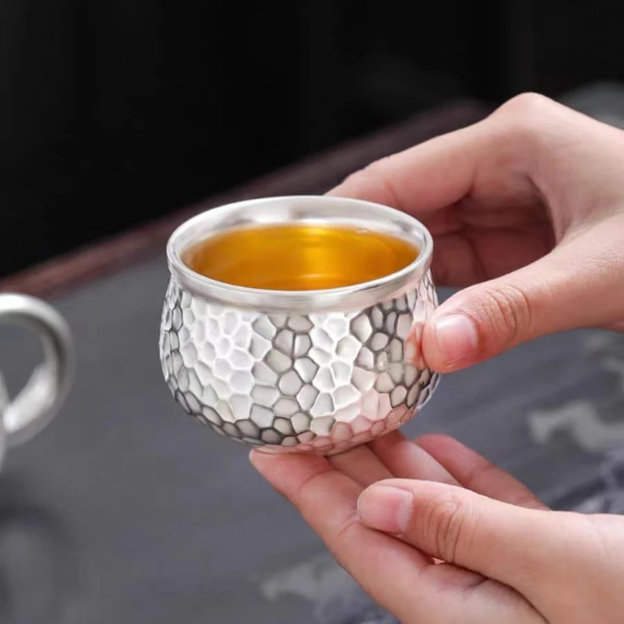 锤纹高档家用主人杯功夫茶具茶杯内外包银陶瓷喝茶杯精美品茗杯