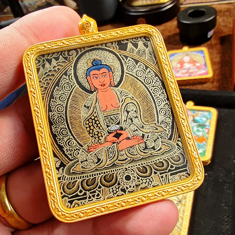 唐卡吊坠西藏热贡黑金款十二生肖黄CC虚空藏男女佩戴