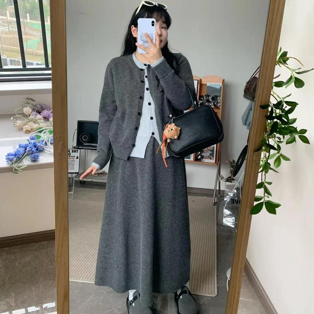 胖mm大码女软糯假两件毛衣上衣半身裙套装71647上衣+71658半身裙